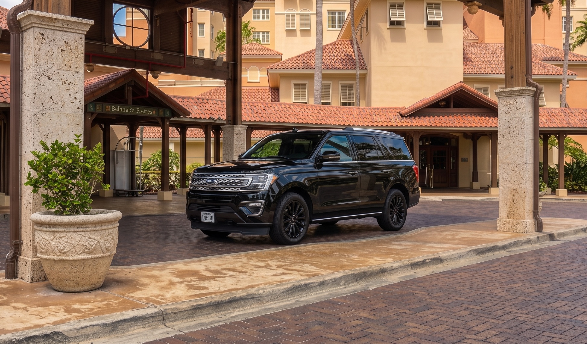Black VIP SUV parked under the porte-cochère of an Aruba resort